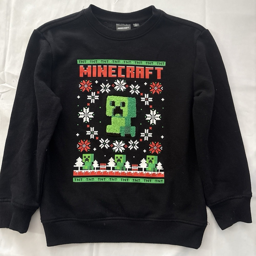 Minecraft Youth Christmas Sweater Size Small Black Fuzzy Creeper 3D Graphic